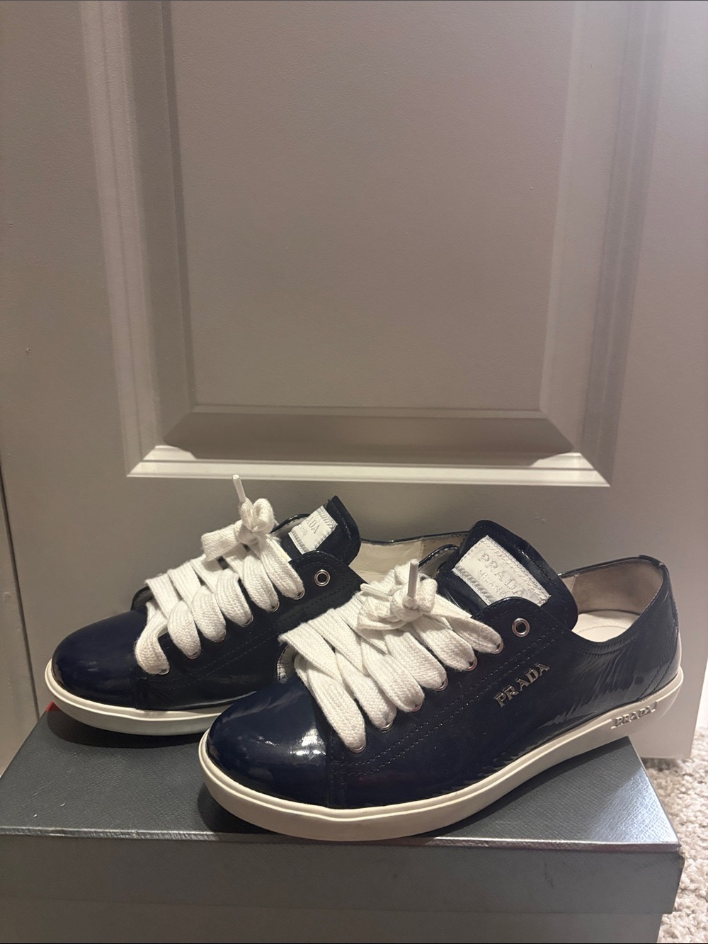 Prada Navy Patent Leather Sneakers with White Laces